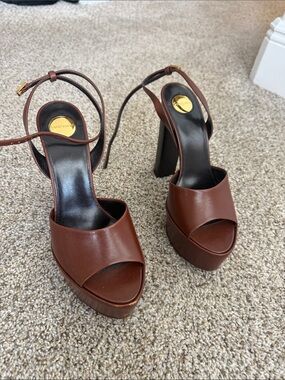 Yves Saint Laurent Brown Leather Platform Sandals with Ankle Strap
